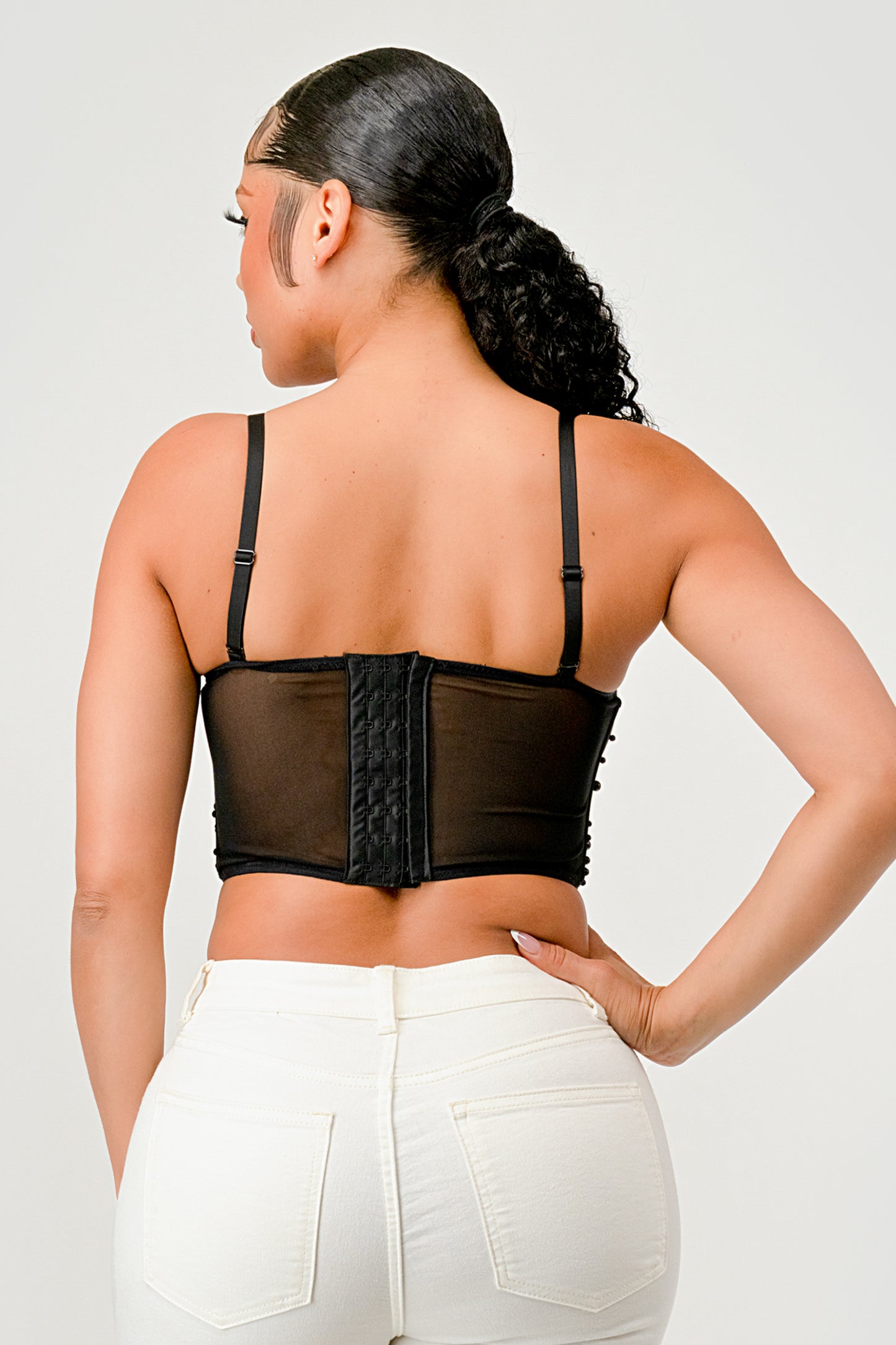 JEWEL BEAD EMBELLISHED MESH BONE CORSET CROP TOP