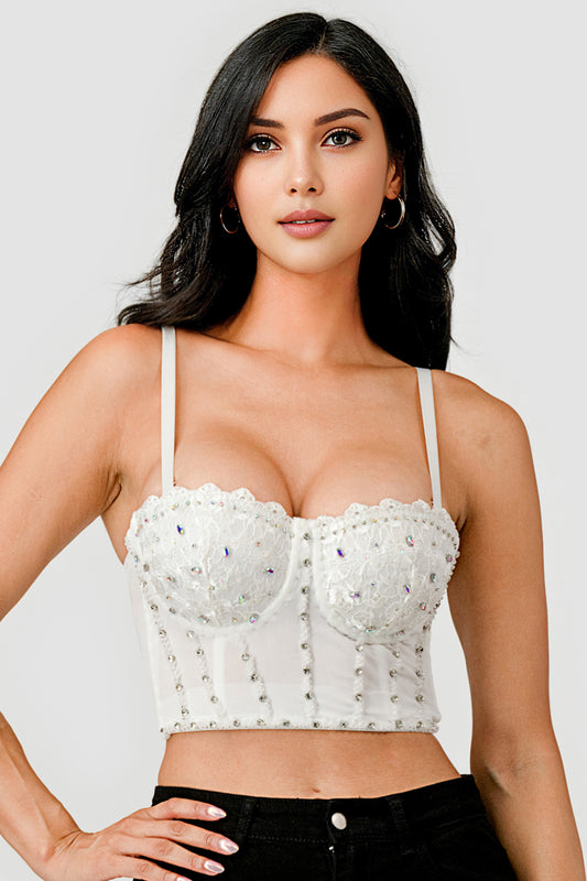 RHINESTONE BEADED LACE TRIM BUSTIER CROP TOP