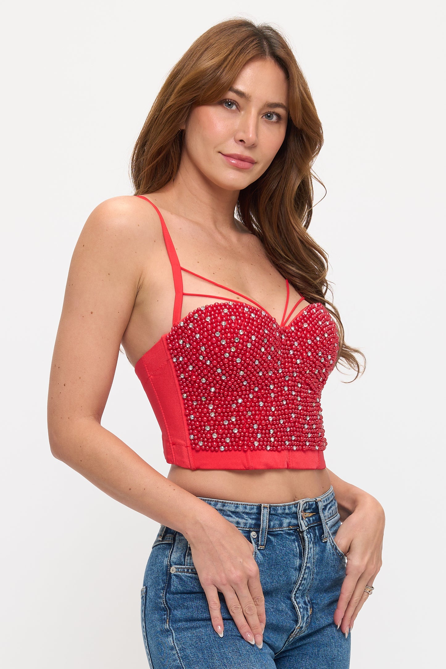 PEARL & RHINESTONE BEADED STRAPPY CORSET BUSTIER CROP TOP