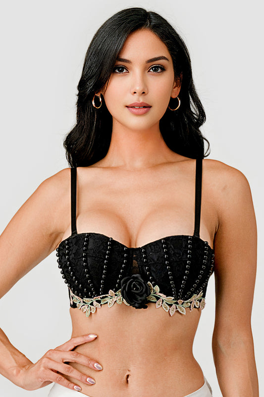 PEARL BEADED FLOWER TRIM LACE BRA TOP