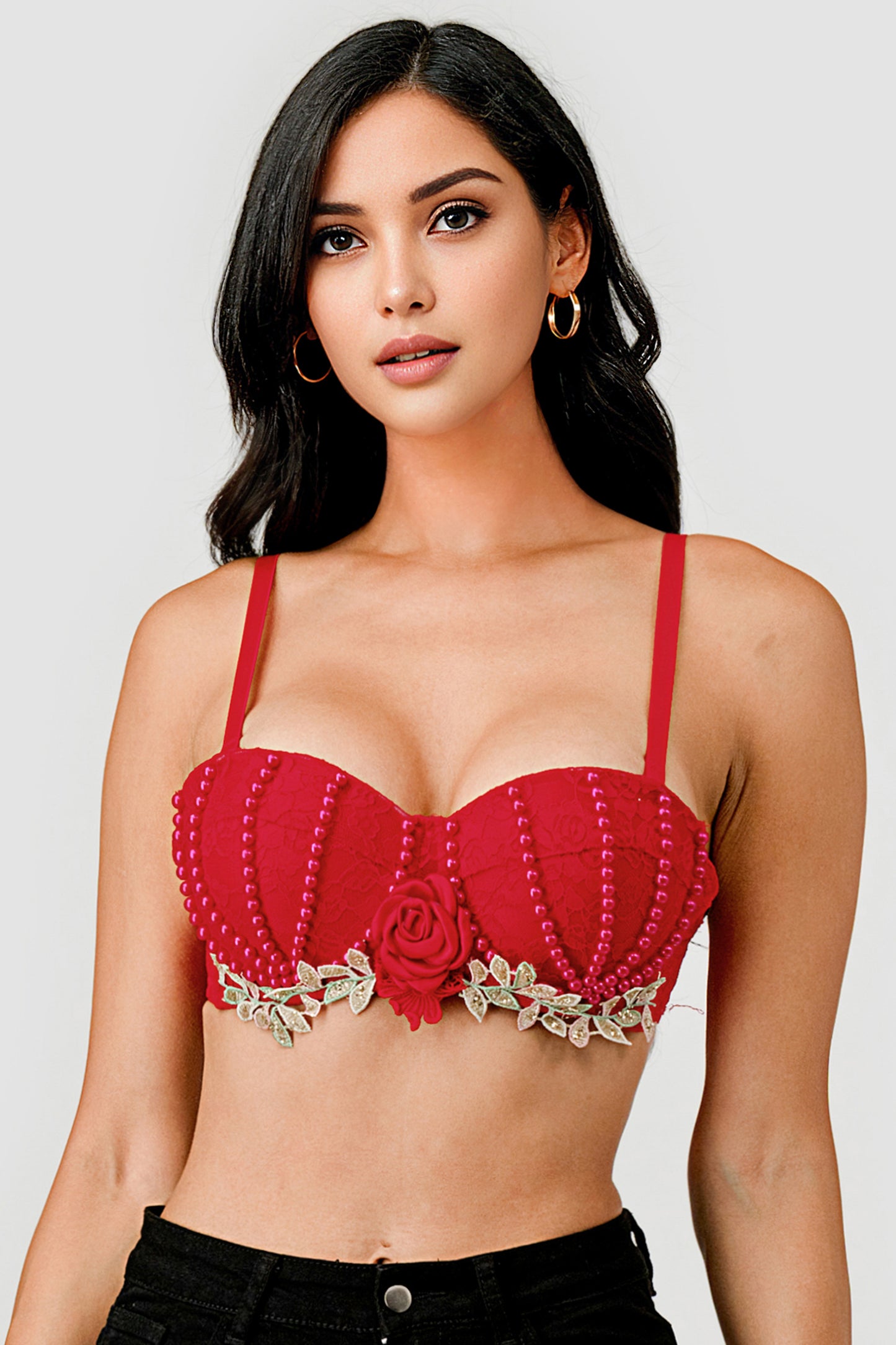 PEARL BEADED FLOWER TRIM LACE BRA TOP