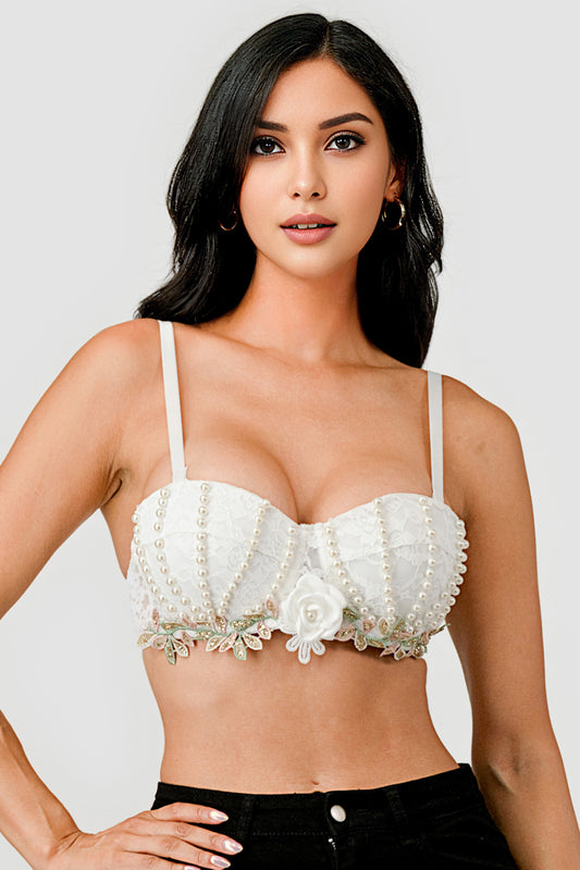 PEARL BEADED FLOWER TRIM LACE BRA TOP