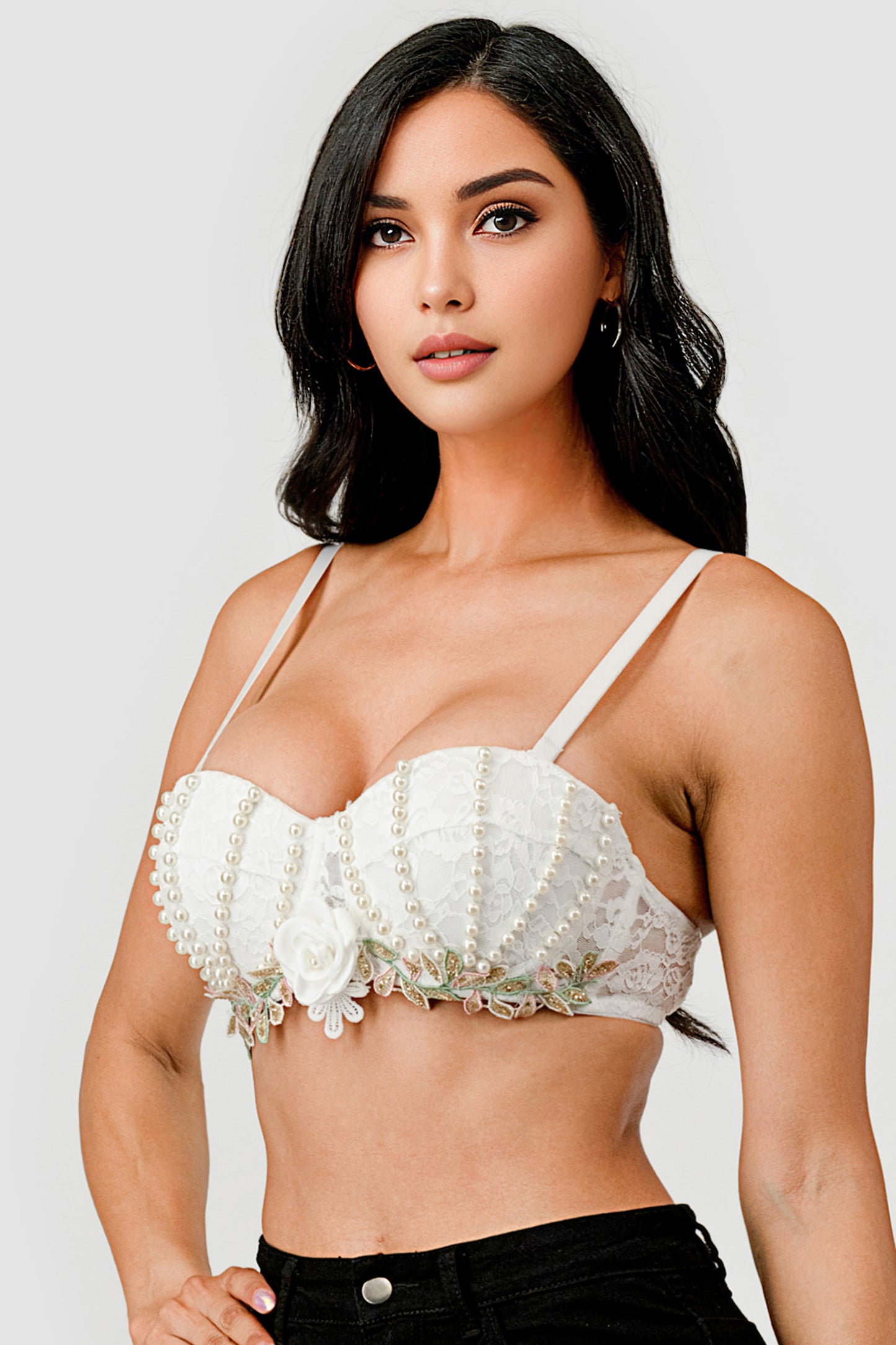 PEARL BEADED FLOWER TRIM LACE BRA TOP