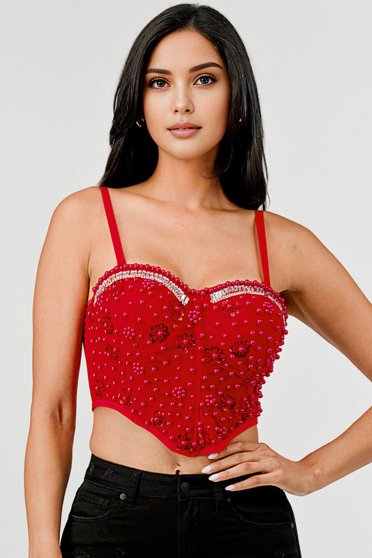 PEARL BEAD EMBELLISHED BUSTIER Corset Sexy CROP TOP