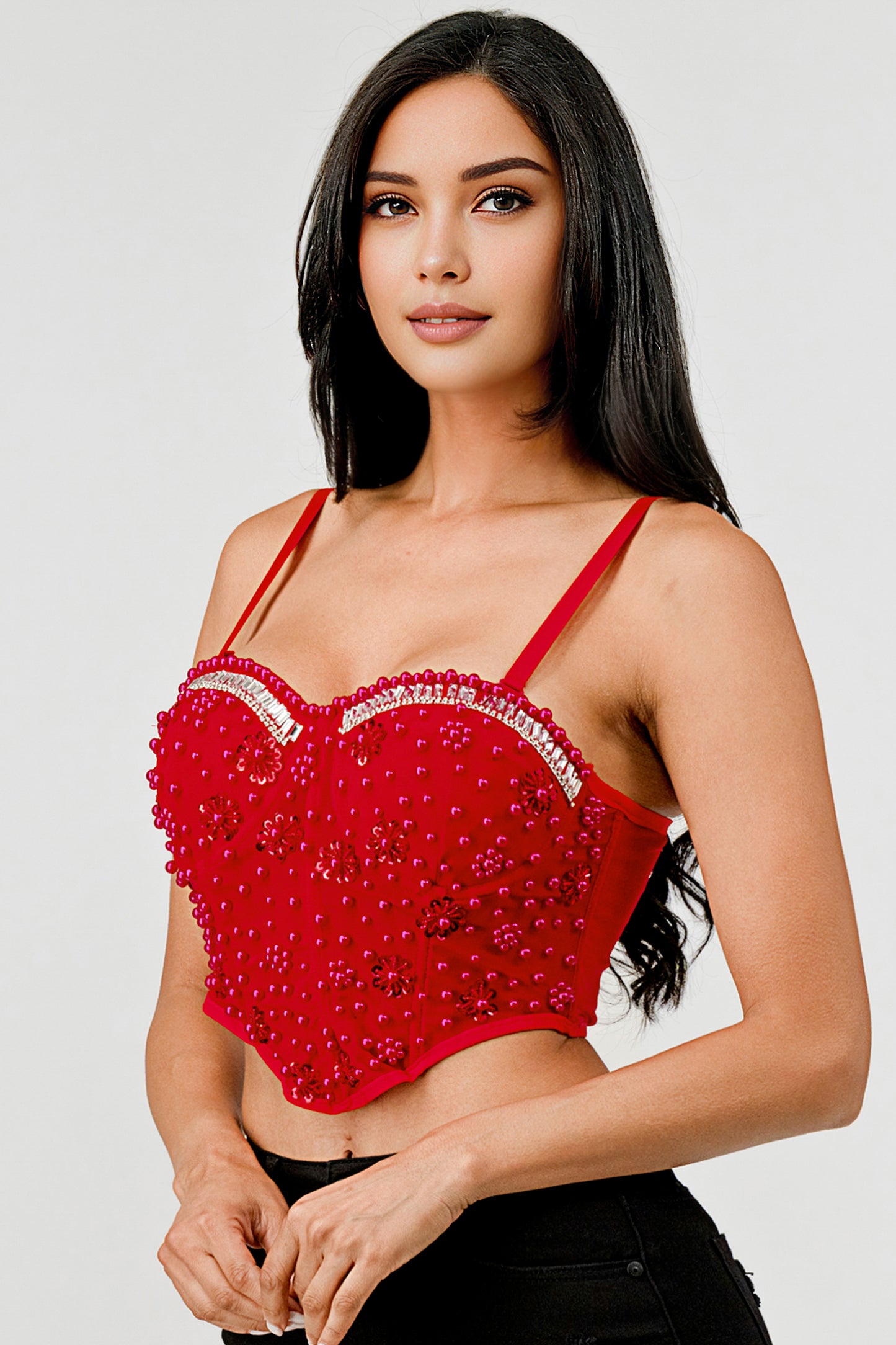 PEARL BEAD EMBELLISHED BUSTIER Corset Sexy CROP TOP