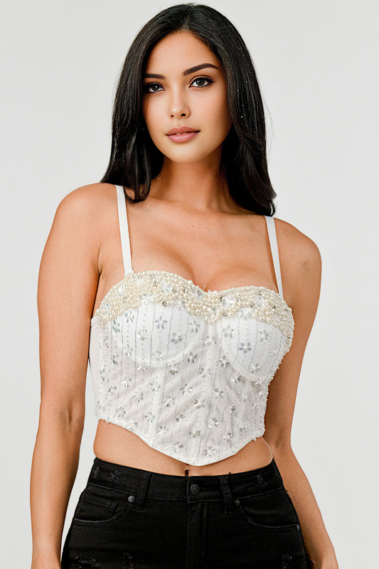 Elegant Pearl Embellished Bustier Sexy Crop Top