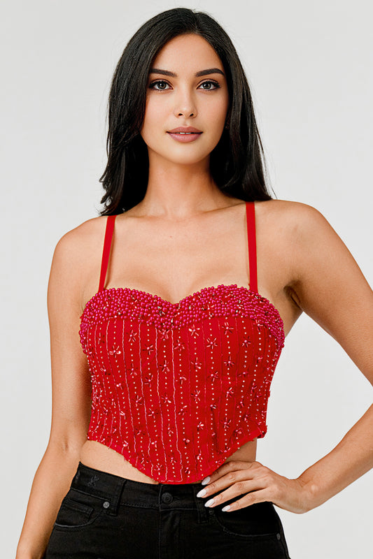 Elegant Pearl Embellished Bustier Sexy Crop Top