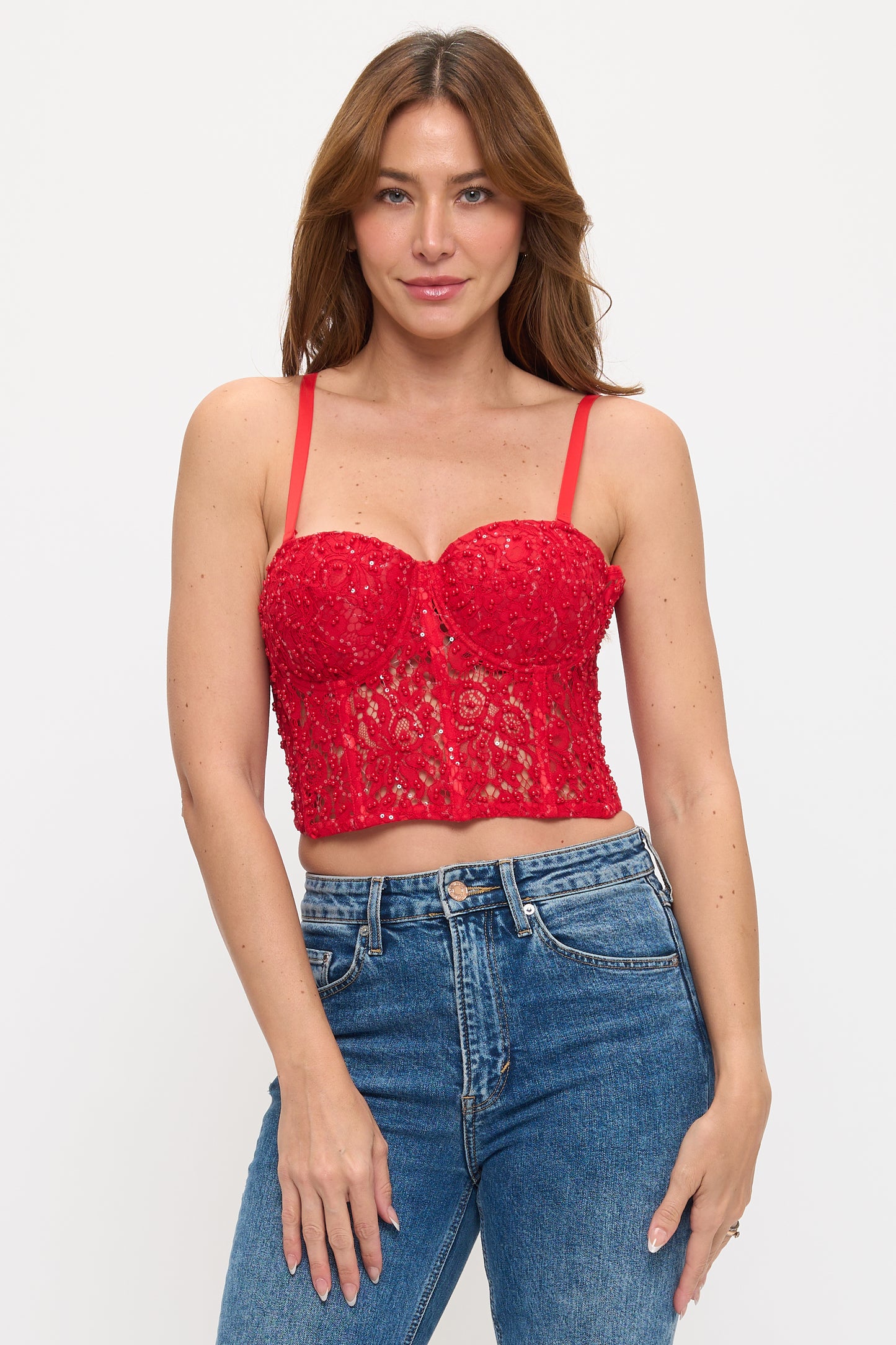 Elegant Lace and Pearl Bustier Sexy Top