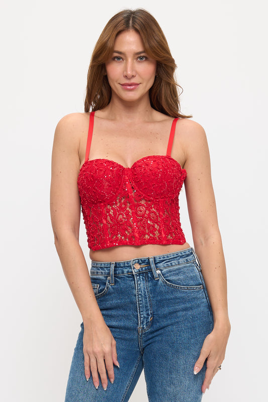 Elegant Lace and Pearl Bustier Sexy Top