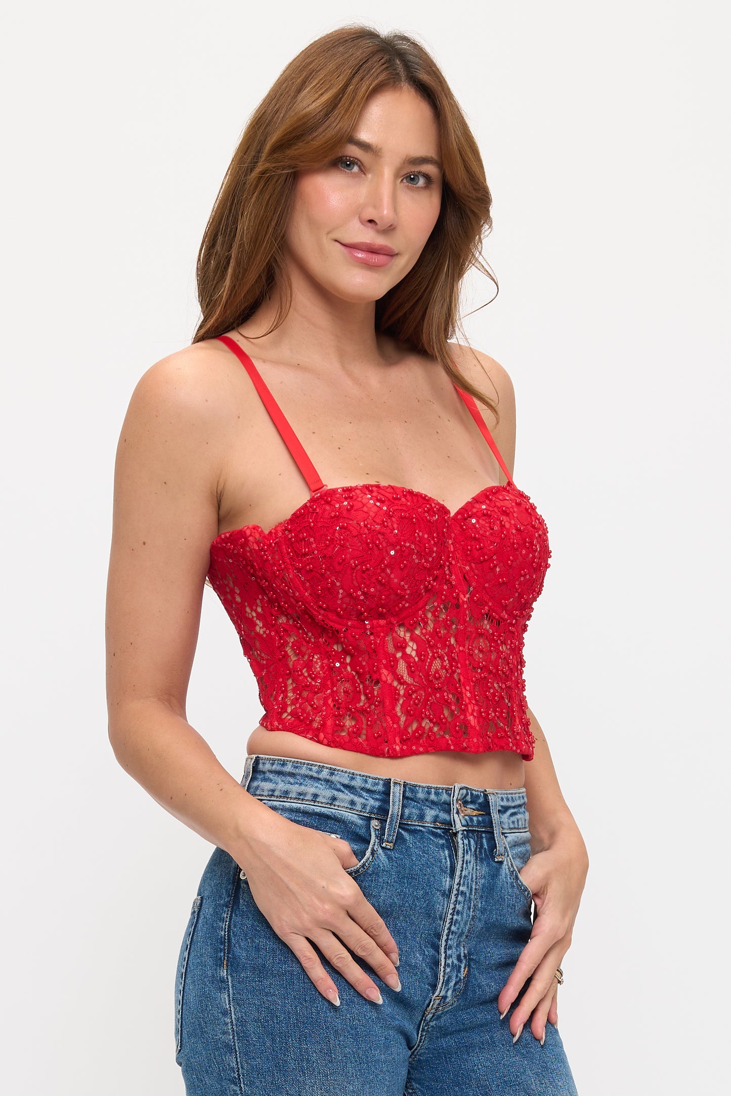 Elegant Lace and Pearl Bustier Sexy Top
