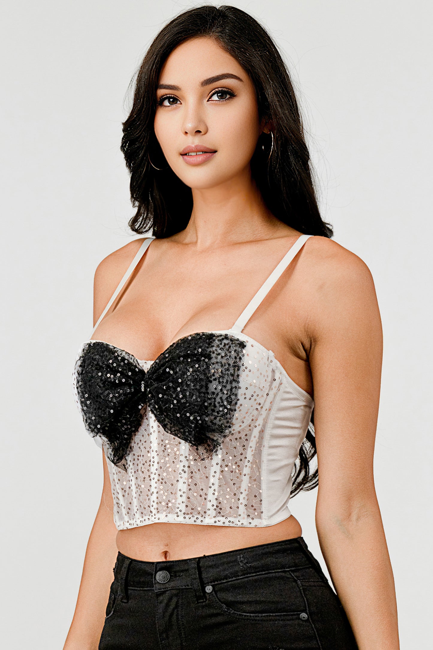 Two-Tone Sequined Bow Corset Top