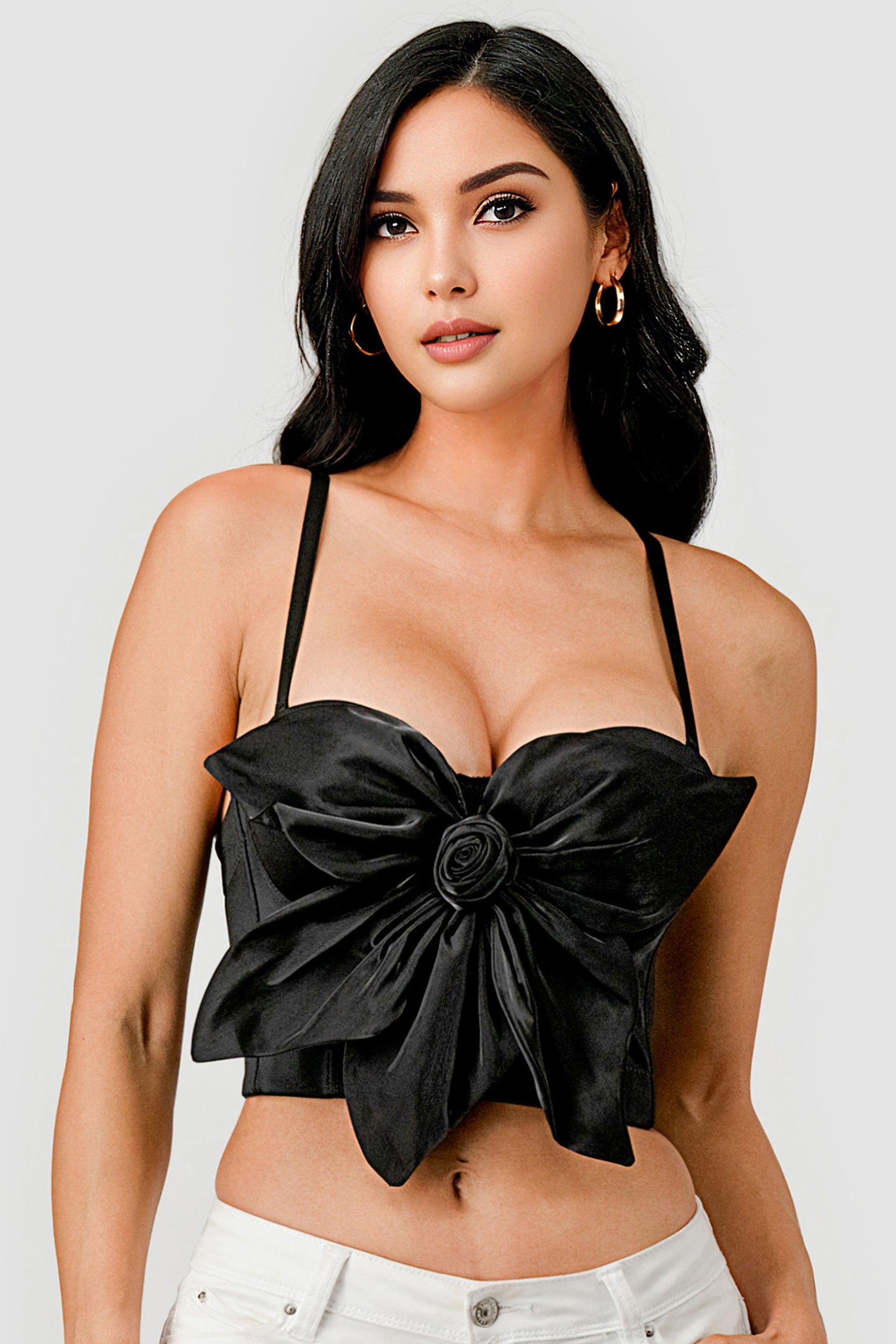 BUTTERFLY BOW FLORAL TRIM KNOT BUSTIER CROP TOP