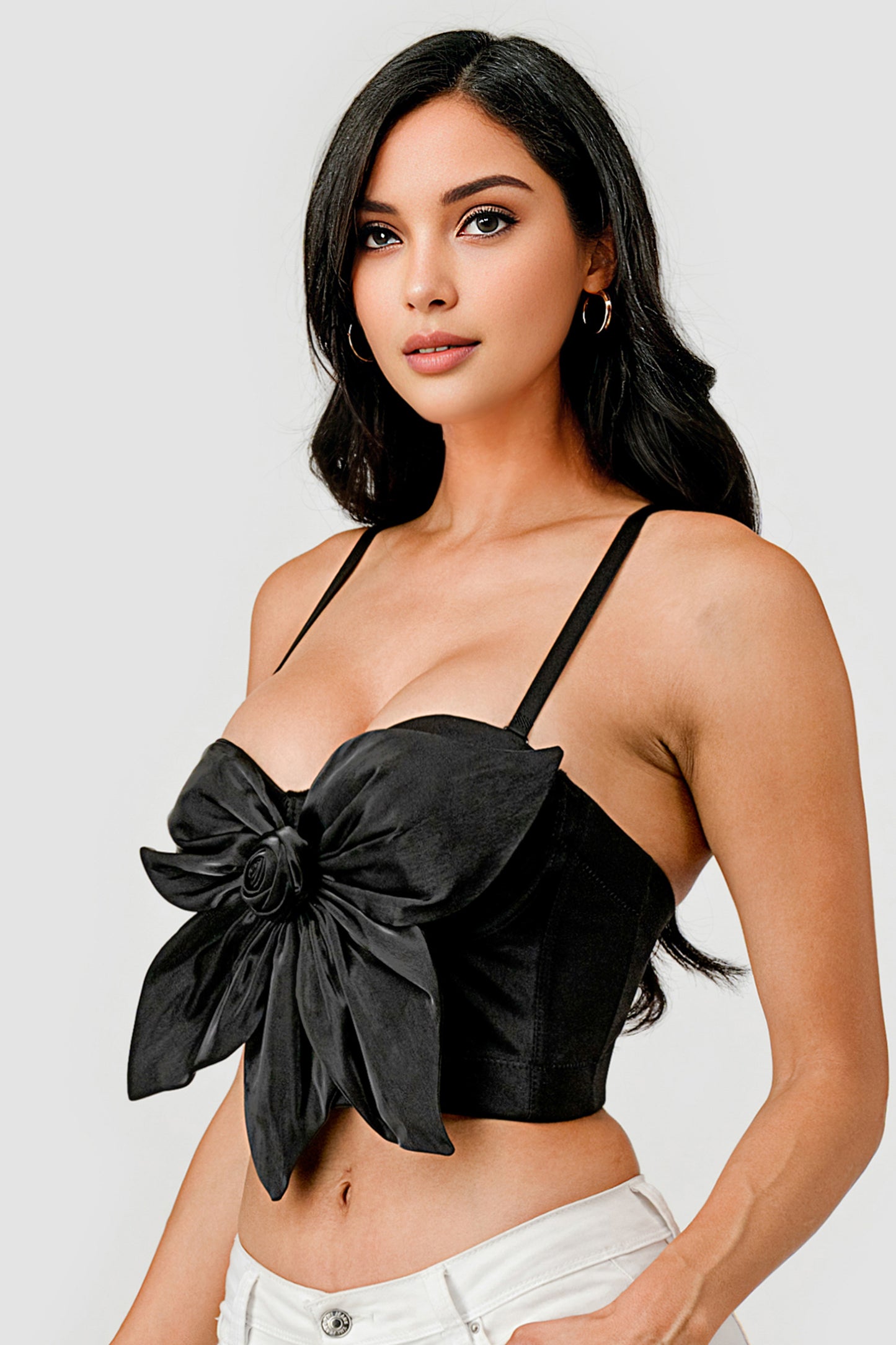 BUTTERFLY BOW FLORAL TRIM KNOT BUSTIER CROP TOP