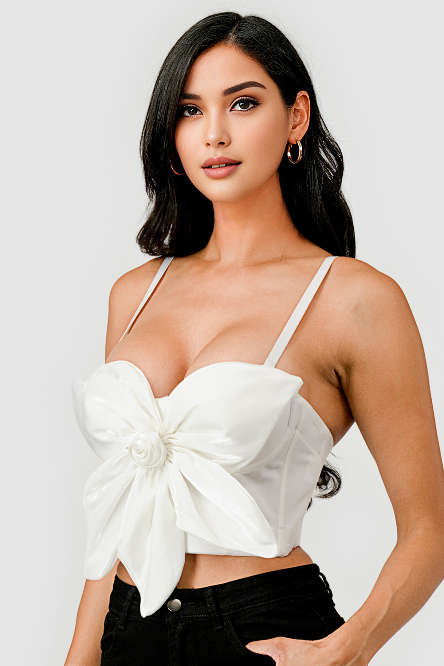 BUTTERFLY BOW FLORAL TRIM KNOT BUSTIER CROP TOP