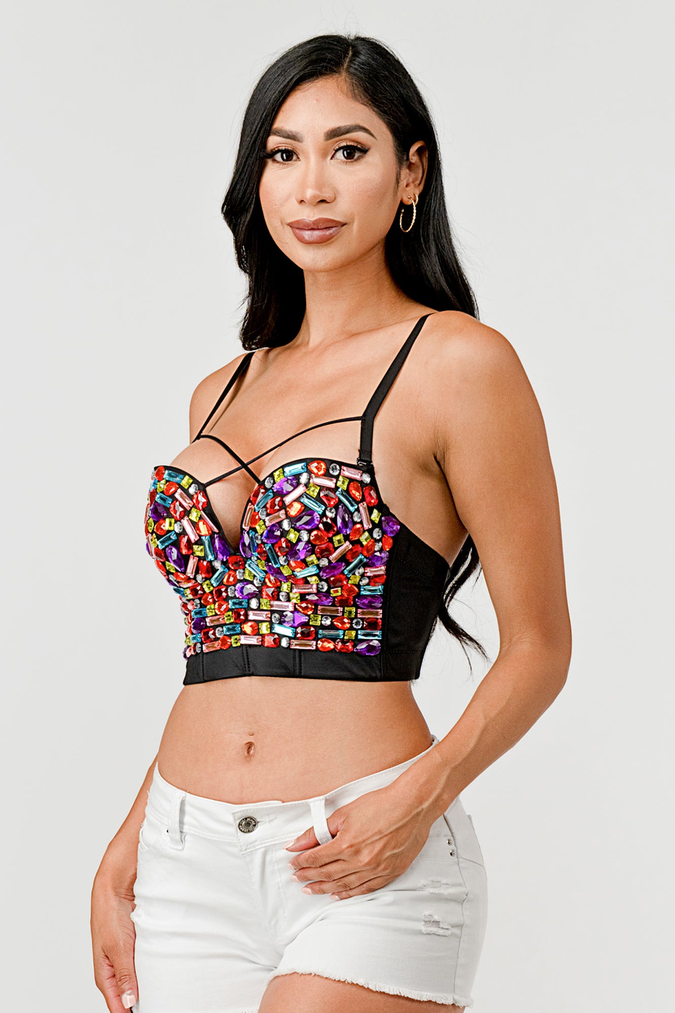 MULTI COLORED CRYSTAL STONE JEWEL STRAPPY BUSTIER CROP TOP – OhYes