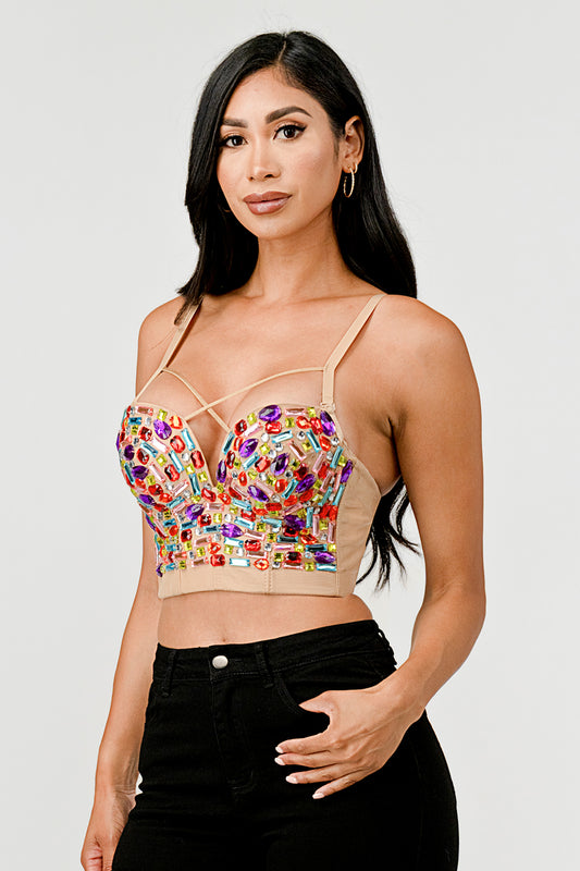 MULTI COLORED CRYSTAL STONE JEWEL STRAPPY BUSTIER CROP TOP
