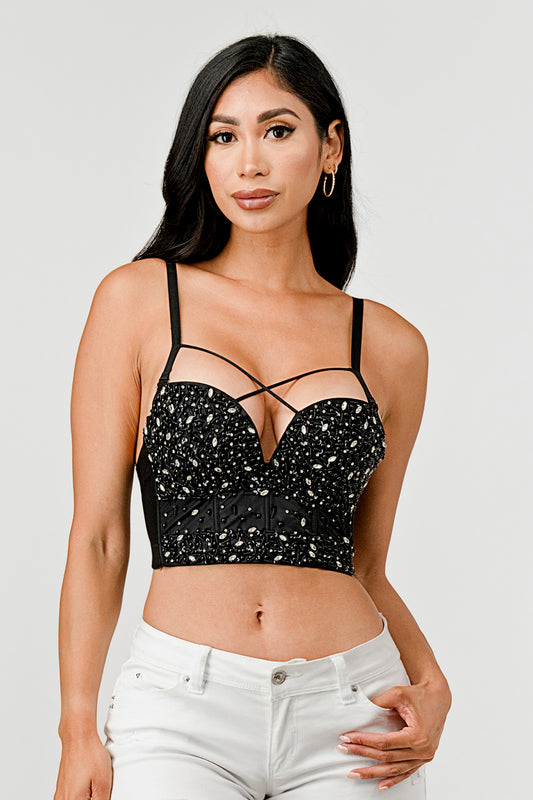 METALLIC SEQUINED RHINESTONE EMBELLISHED STRAPPY BUSTIER CROP TOP