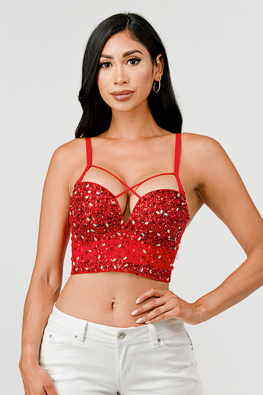 METALLIC SEQUINED RHINESTONE EMBELLISHED STRAPPY BUSTIER CROP TOP