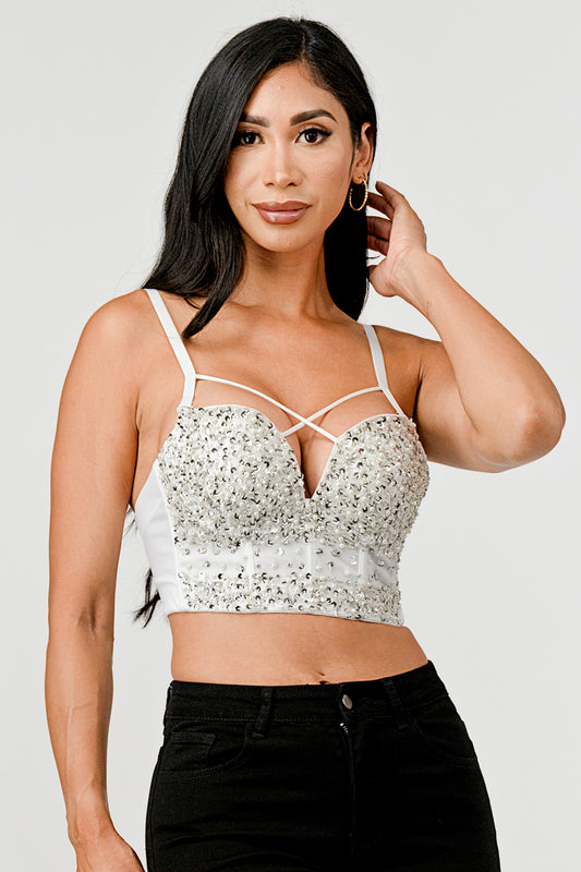 METALLIC SEQUINED RHINESTONE EMBELLISHED STRAPPY BUSTIER CROP TOP