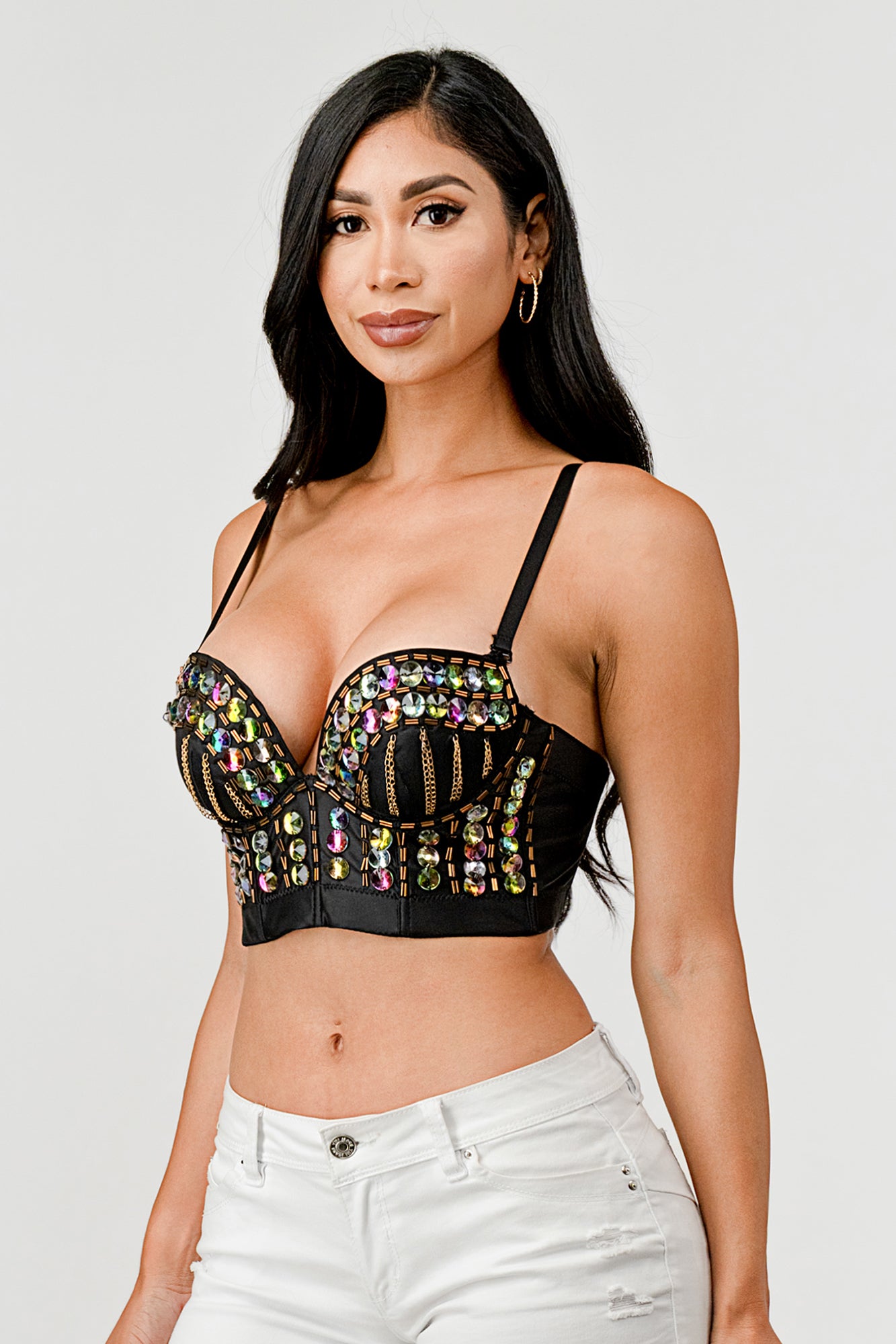 IRIDESCENT RHINESTONE EMBELLISHED CORSET BUSTIER CROP TOP – OhYes