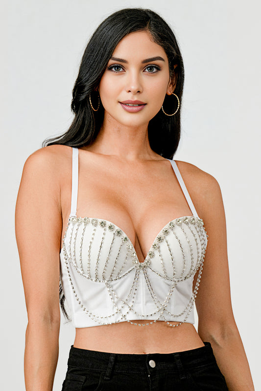 DRAPED RHINESTONE EMBELLISHMENT DETAIL BUSTIER CROP TOP