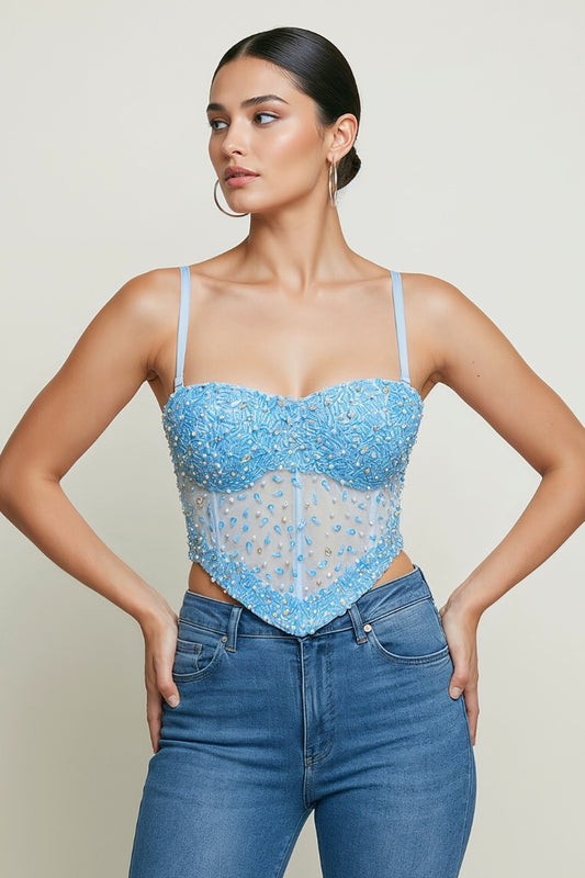 SEQUIN BEADED CRYSTAL STONE EMBELLISHED CORSET CROP TOP