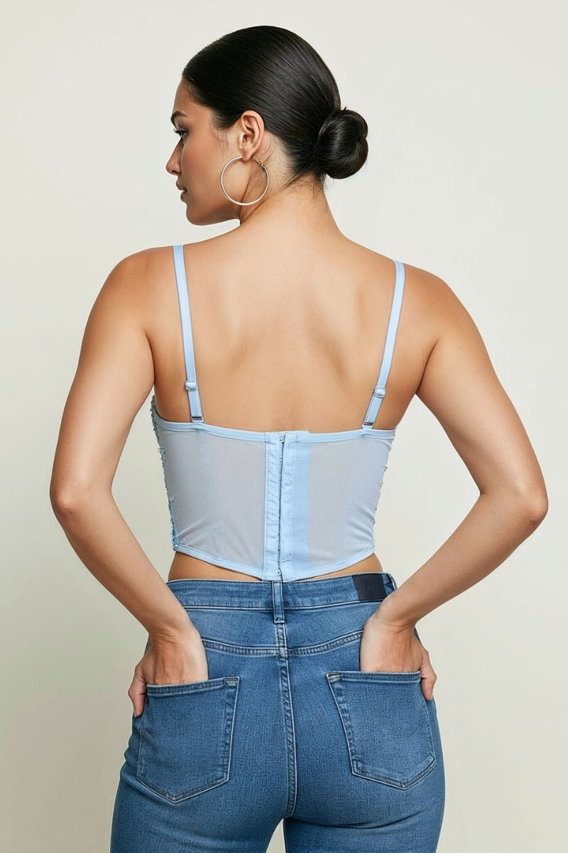 SEQUIN BEADED CRYSTAL STONE EMBELLISHED CORSET CROP TOP