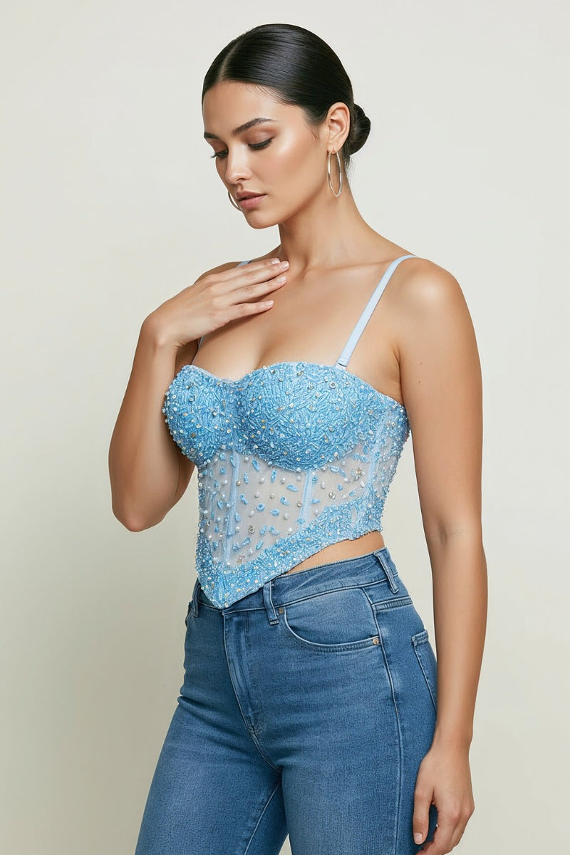 SEQUIN BEADED CRYSTAL STONE EMBELLISHED CORSET CROP TOP