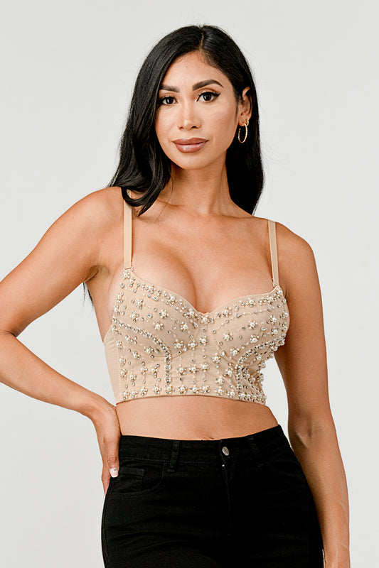 PEARL & RHINESTONE EMBELLISHED CORSET BUSTIER CROP TOP