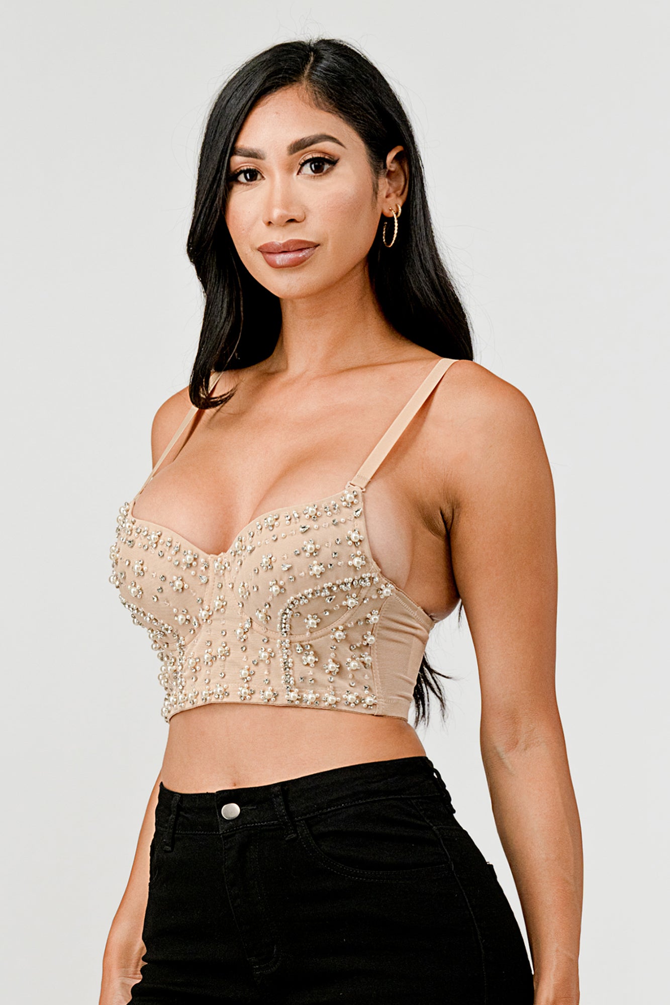 PEARL & RHINESTONE EMBELLISHED CORSET BUSTIER CROP TOP
