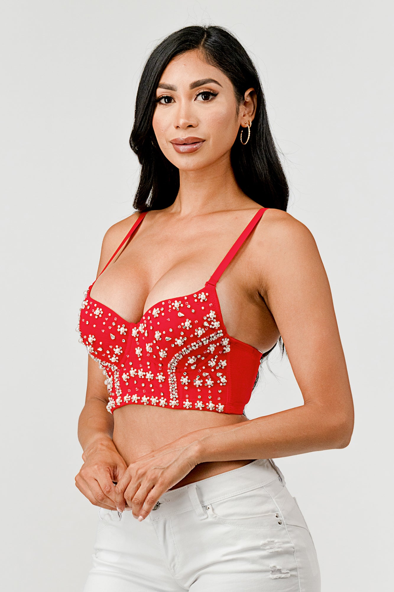 PEARL & RHINESTONE EMBELLISHED CORSET BUSTIER CROP TOP