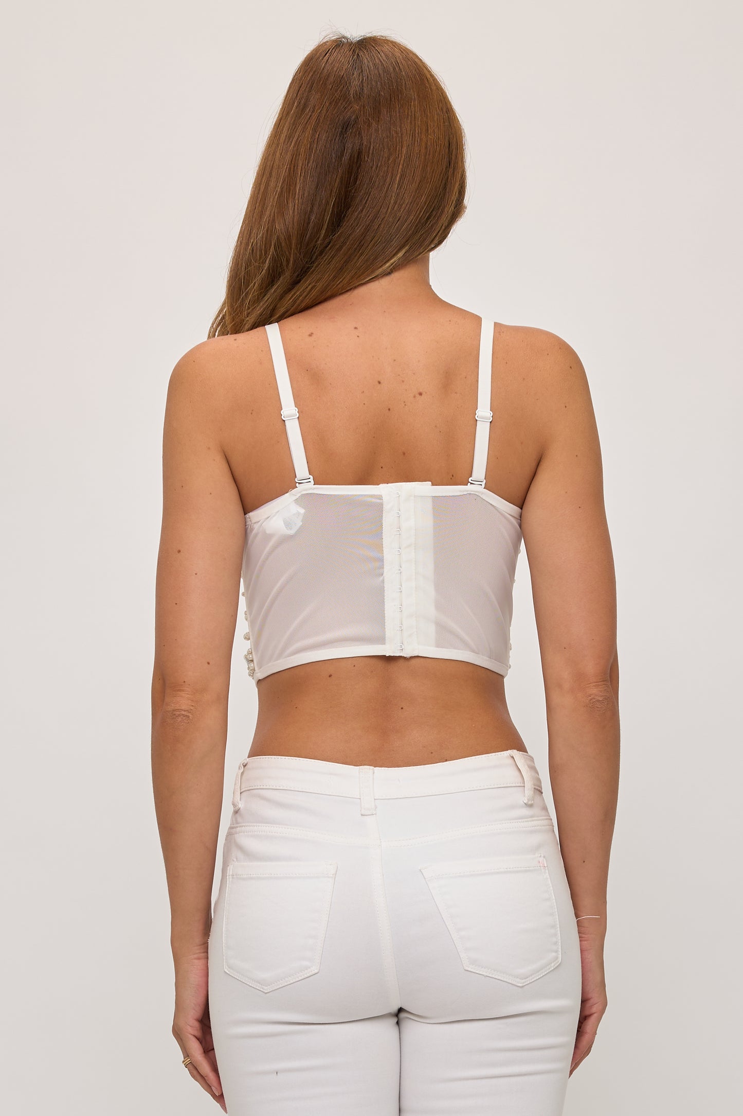 JEWEL BEAD EMBELLISHED MESH BONE CORSET CROP TOP