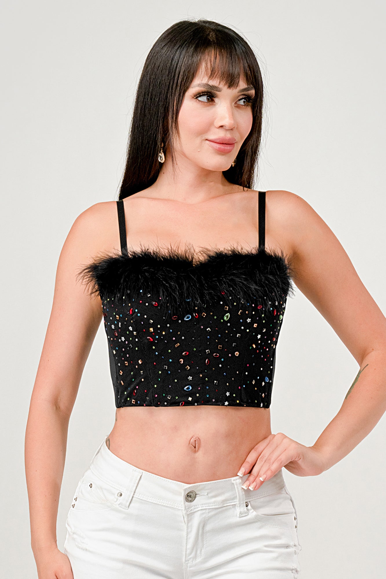 COLORED RHINESTONE FEATHER TRIM BUSTIER CROP TOP