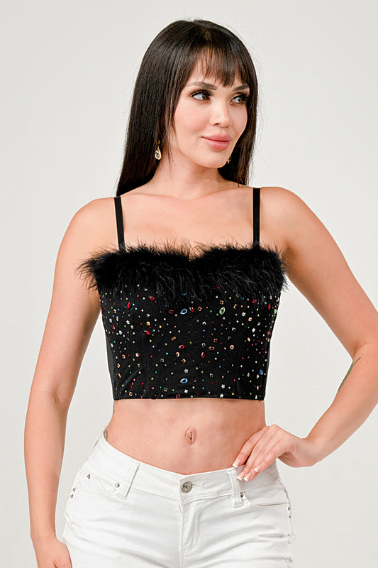 COLORED RHINESTONE FEATHER TRIM BUSTIER CROP TOP