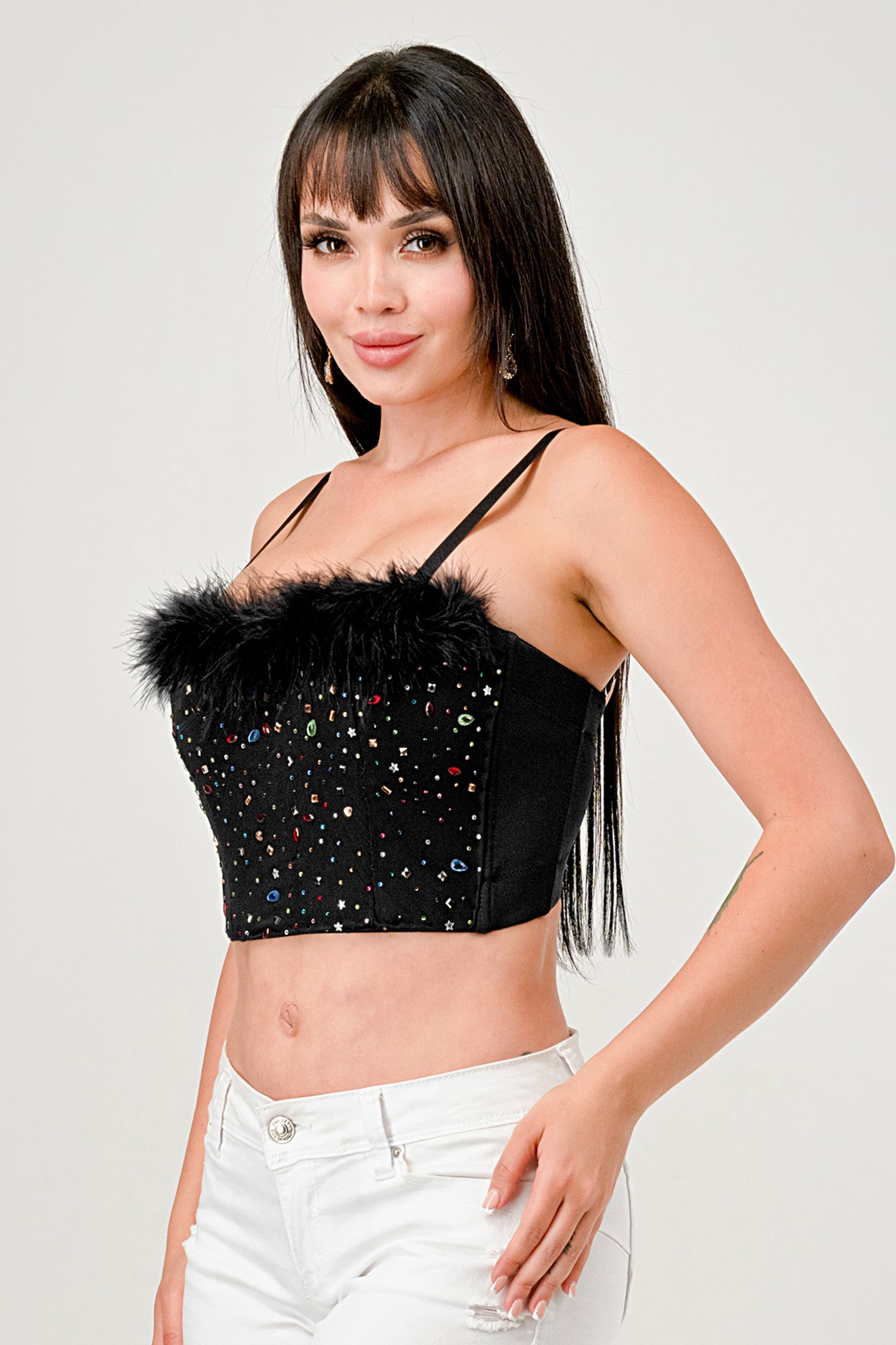 COLORED RHINESTONE FEATHER TRIM BUSTIER CROP TOP