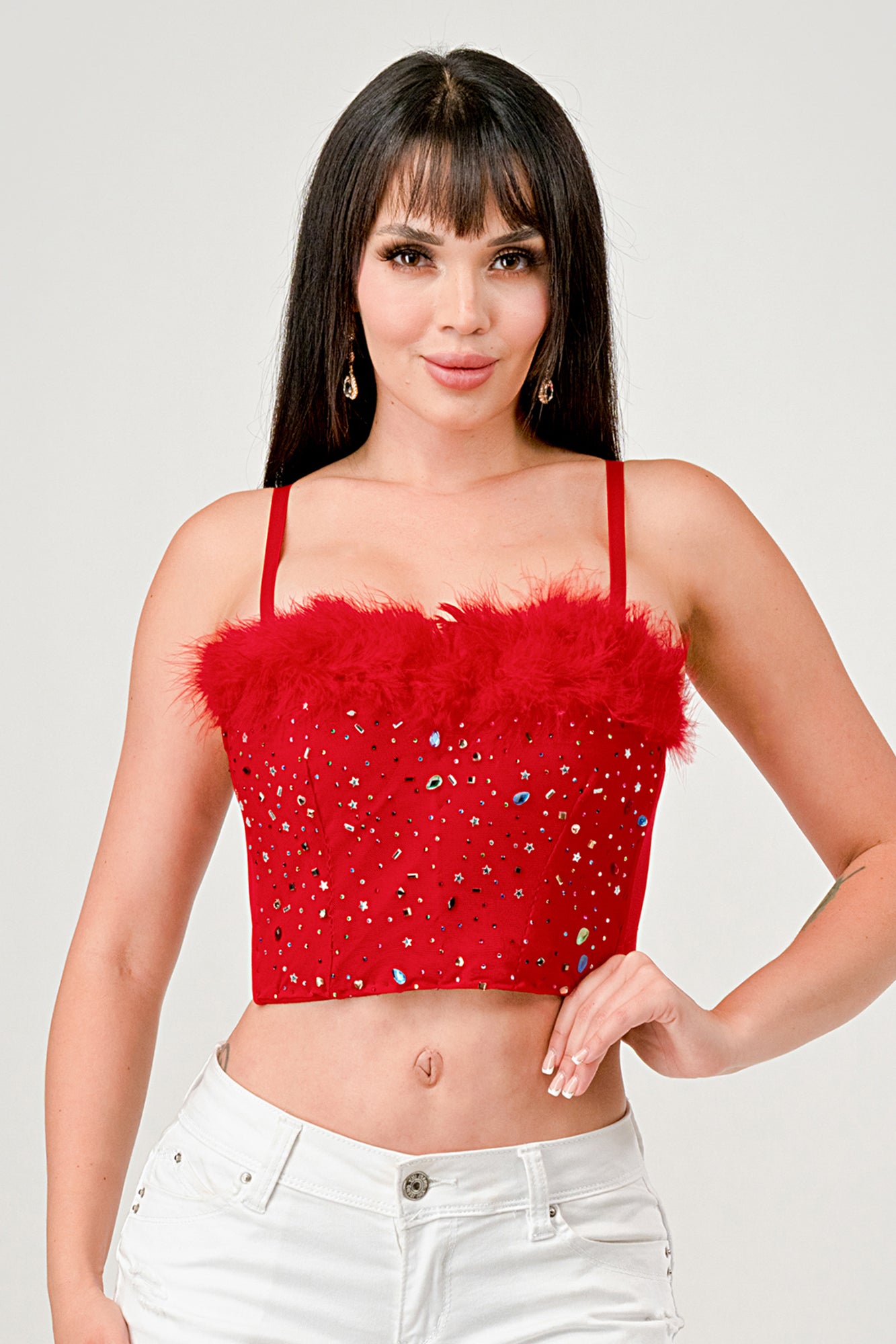 COLORED RHINESTONE FEATHER TRIM BUSTIER CROP TOP