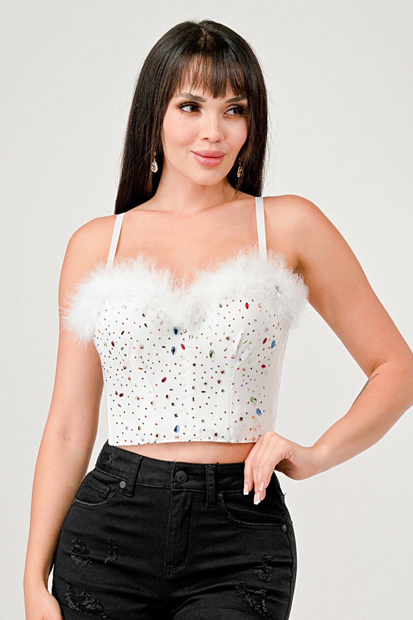 COLORED RHINESTONE FEATHER TRIM BUSTIER CROP TOP