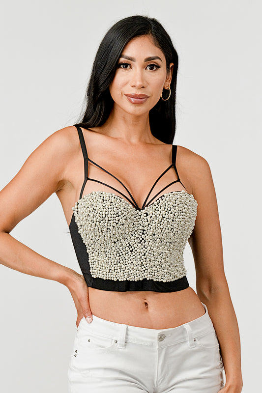 PEARL & RHINESTONE BEADED STRAPPY CORSET BUSTIER CROP TOP