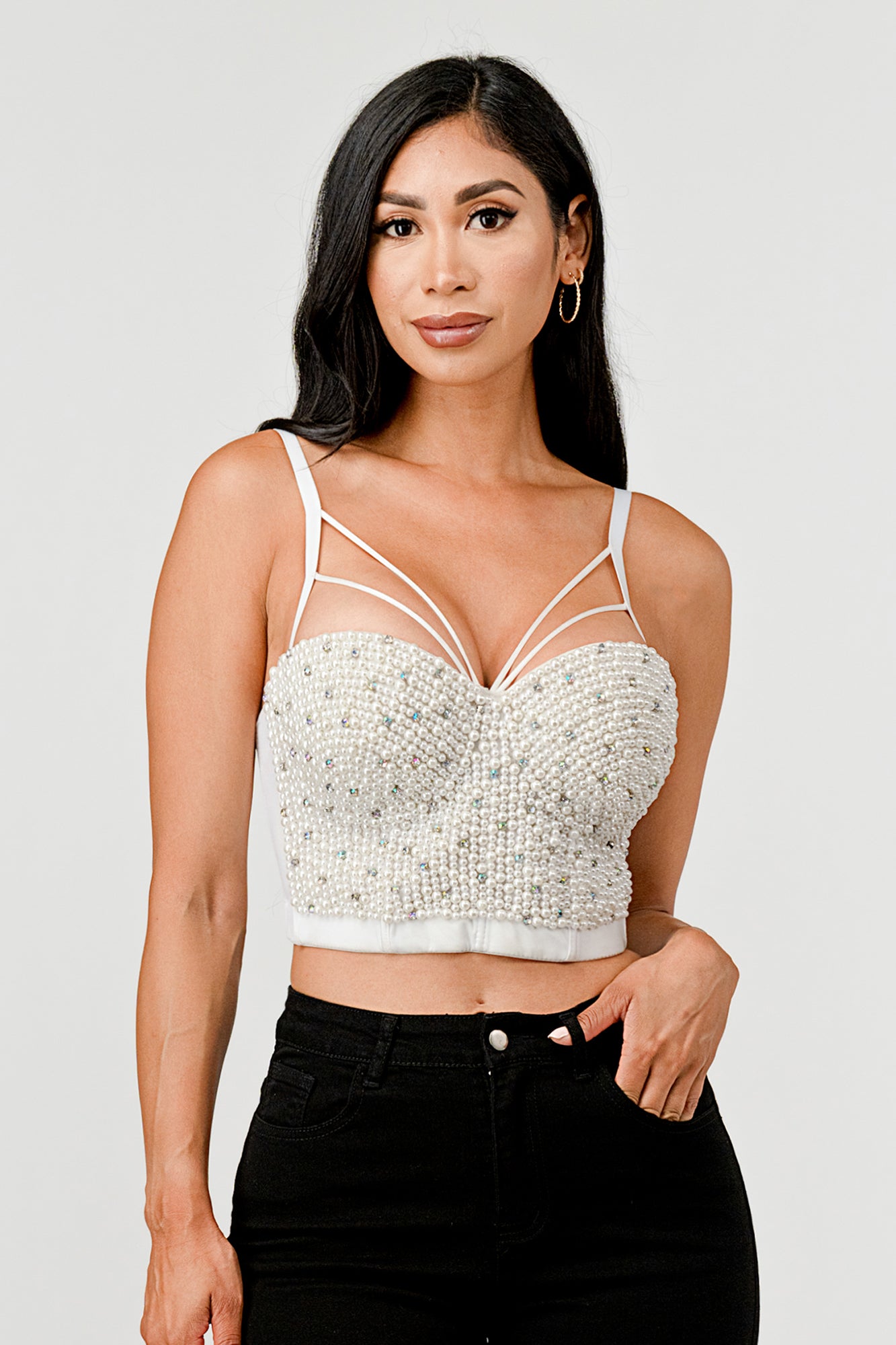 PEARL & RHINESTONE BEADED STRAPPY CORSET BUSTIER CROP TOP – OhYes