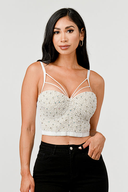 PEARL & RHINESTONE BEADED STRAPPY CORSET BUSTIER CROP TOP