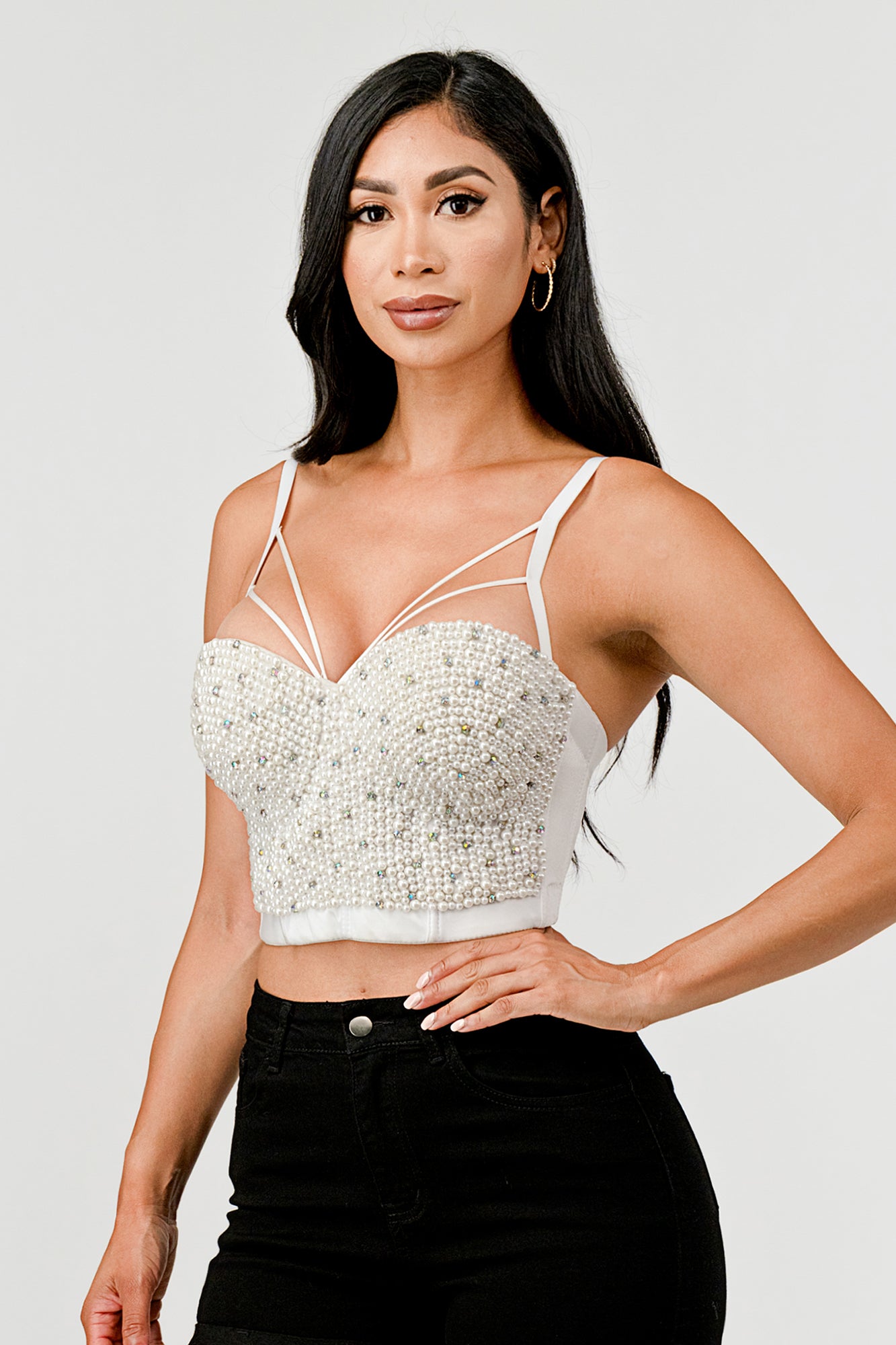 PEARL & RHINESTONE BEADED STRAPPY CORSET BUSTIER CROP TOP – OhYes