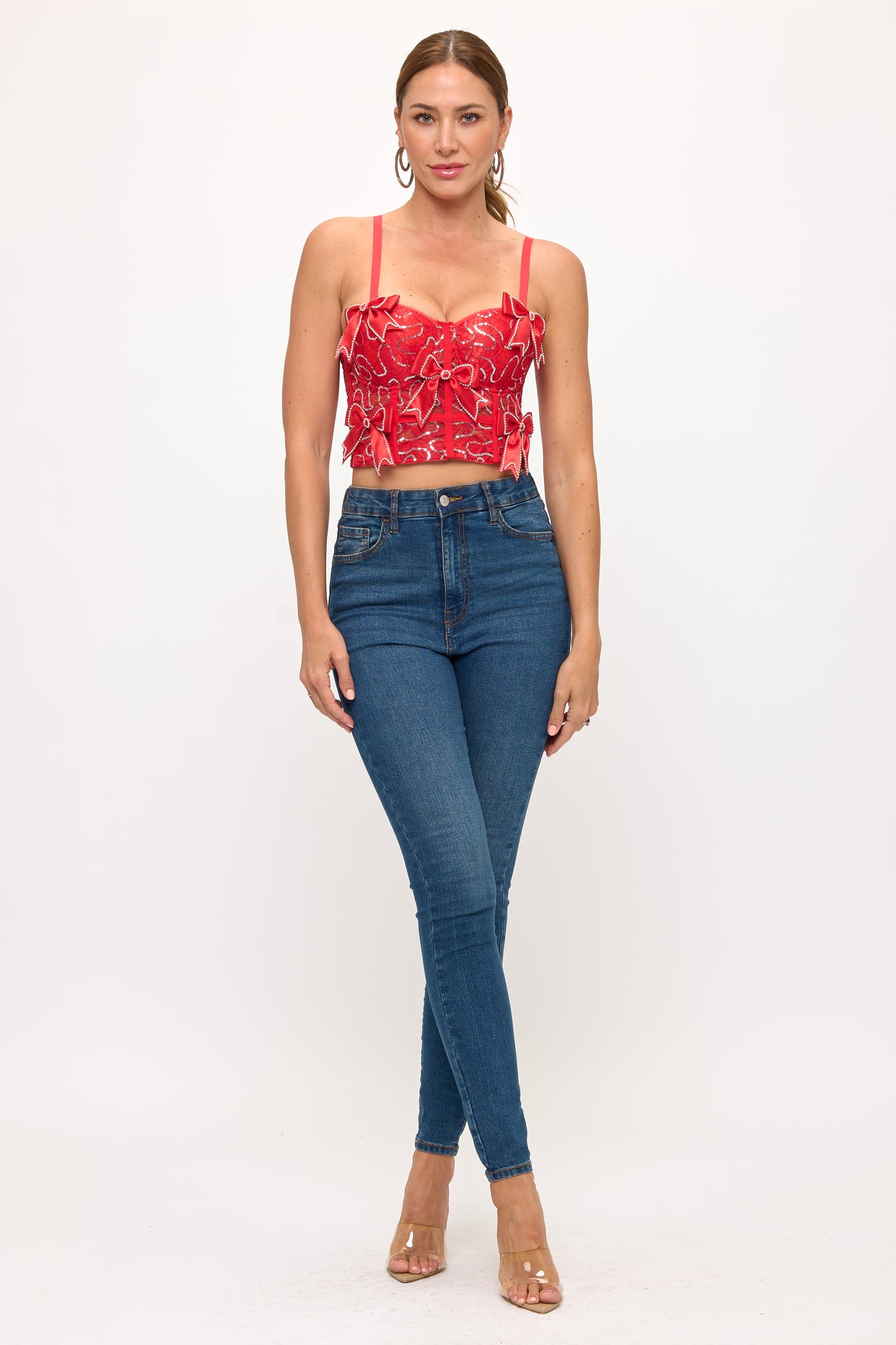 RHINESTONE EMBELLISHED BOW TRIMS BUSTIER CROP TOP