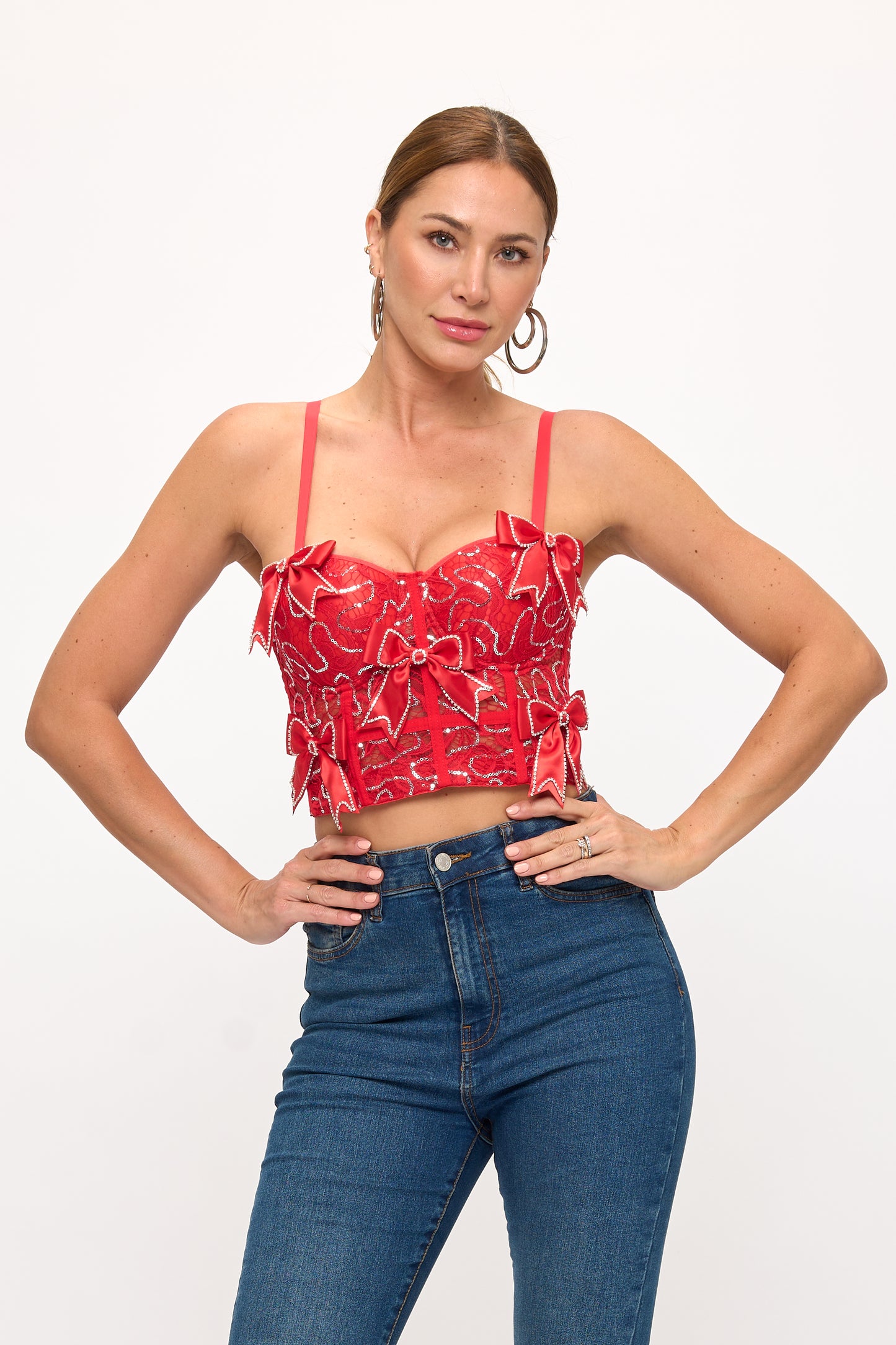 RHINESTONE EMBELLISHED BOW TRIMS BUSTIER CROP TOP