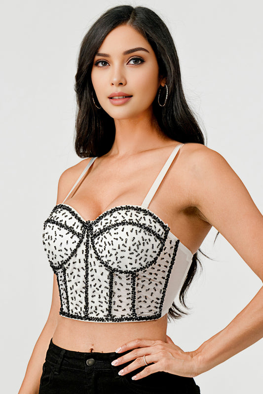 SEQUIN BEADING SEAM DETAIL EMBELLISHED BUSTIER CROP TOP