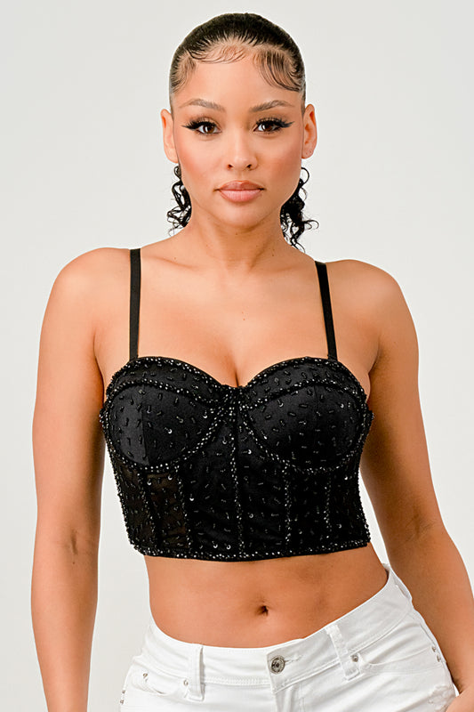 SEQUIN BEADING SEAM DETAIL EMBELLISHED BUSTIER CROP TOP