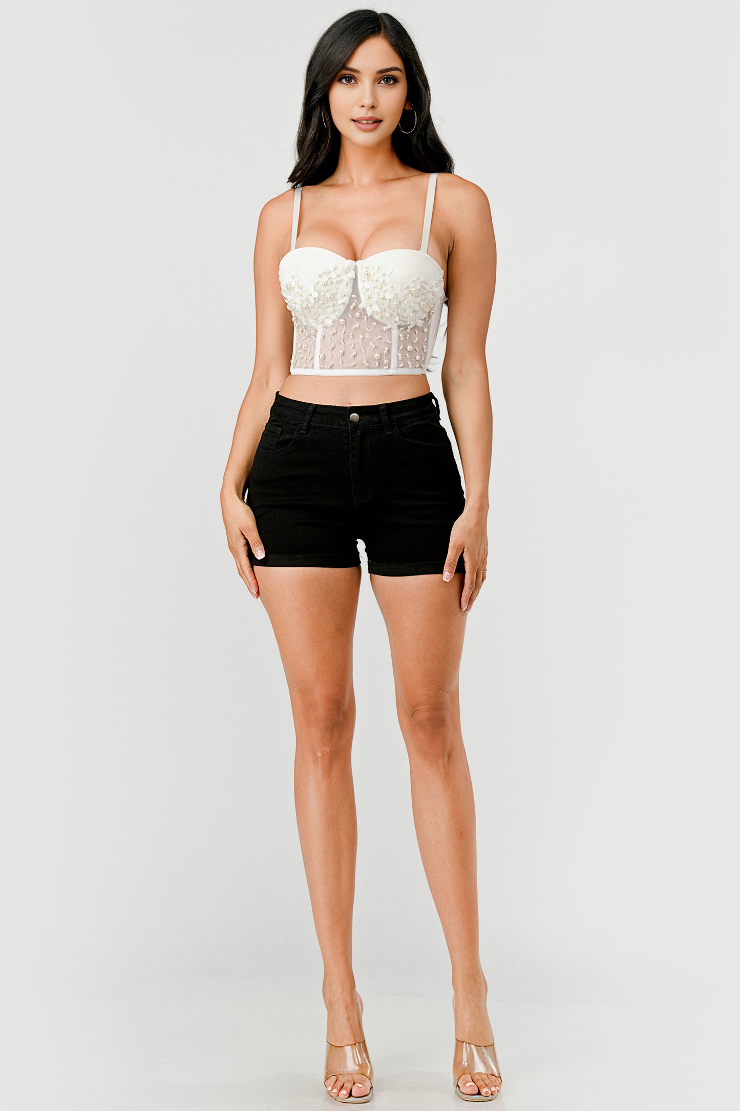 PEARL EMBELLISHED PETAL TRIM BUSTIER CROP TOP