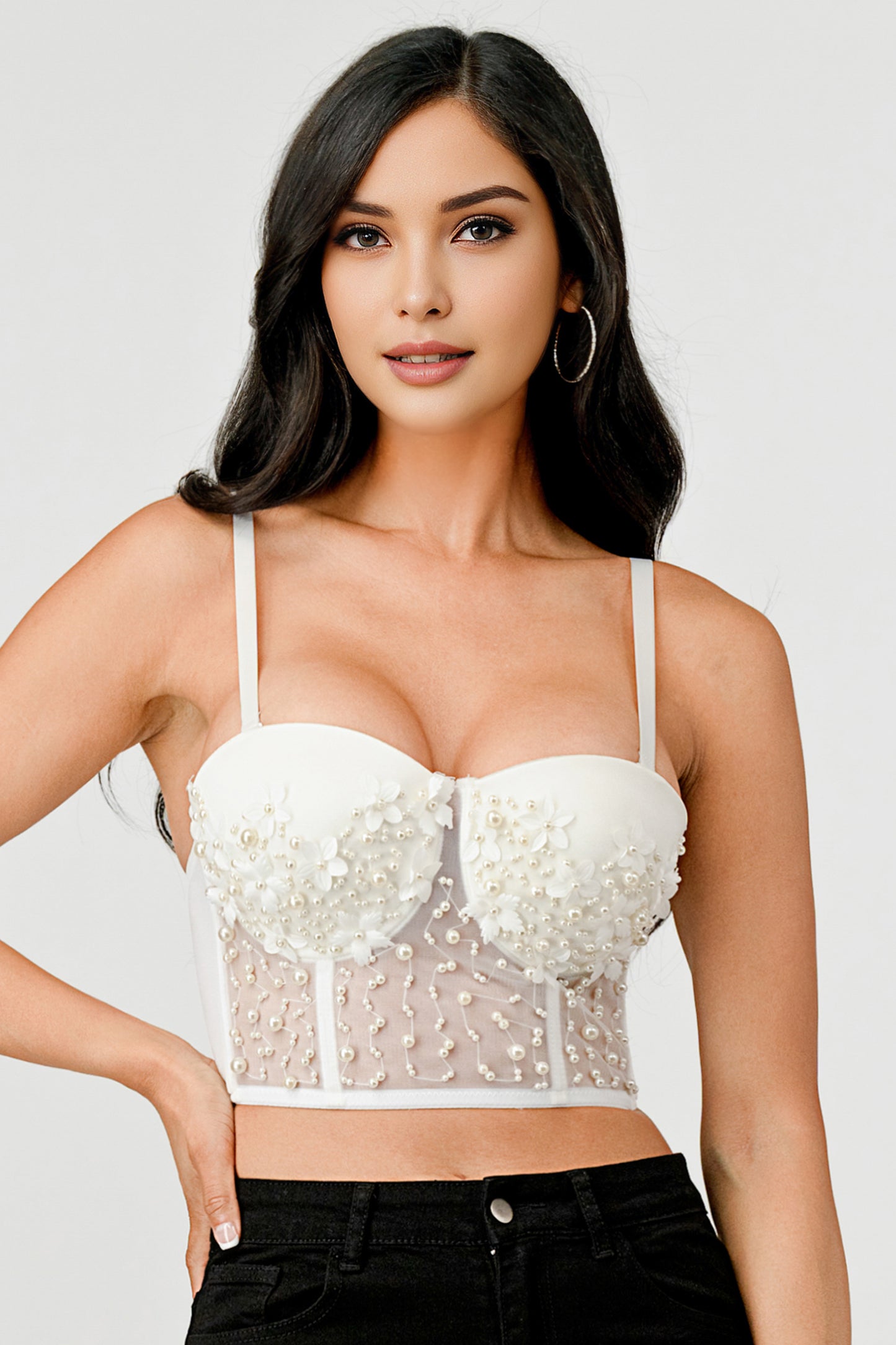 PEARL EMBELLISHED PETAL TRIM BUSTIER CROP TOP