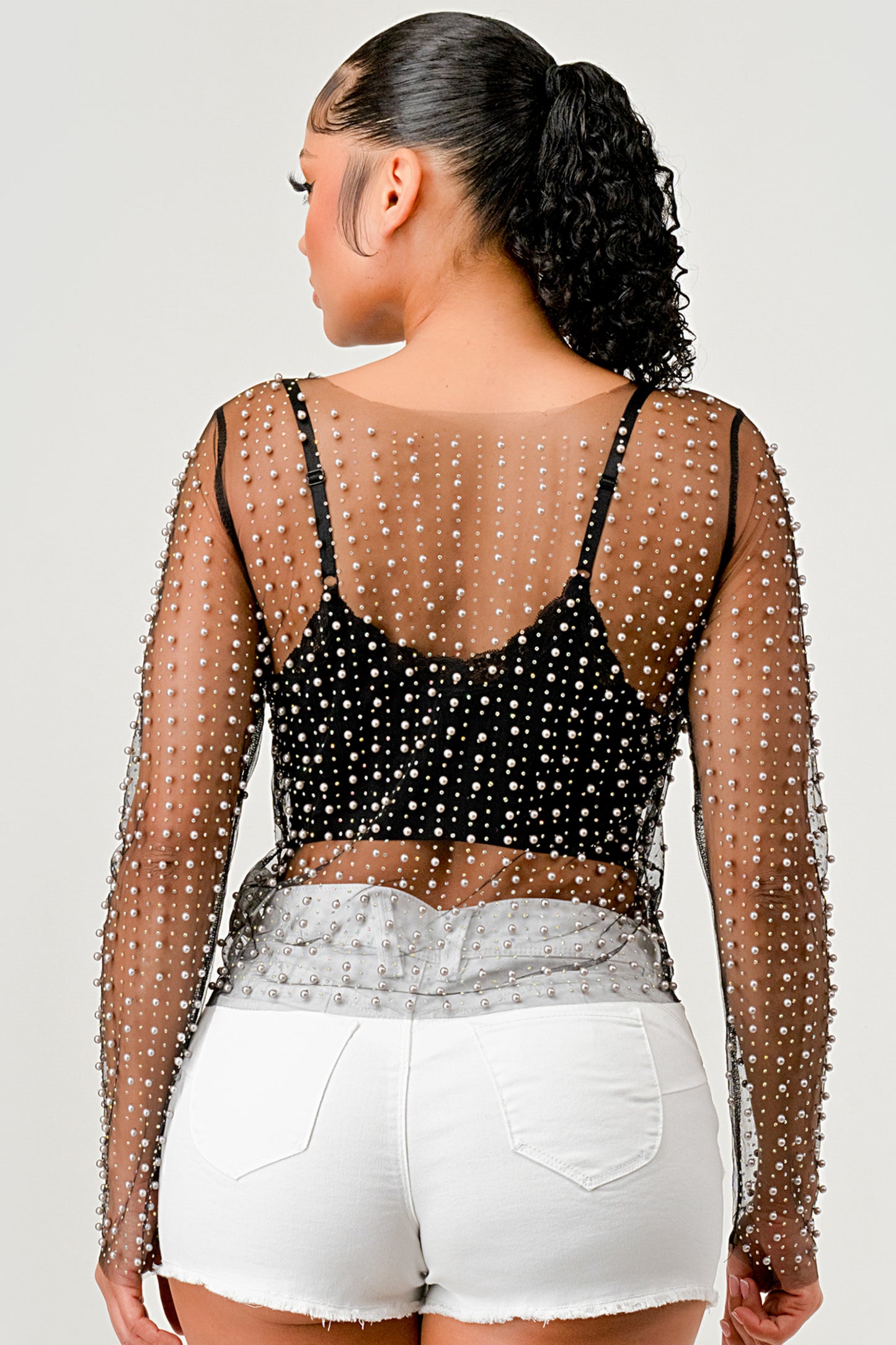 RHINESTONES PEARL SHEER MESH LONG SLEEVE TOP