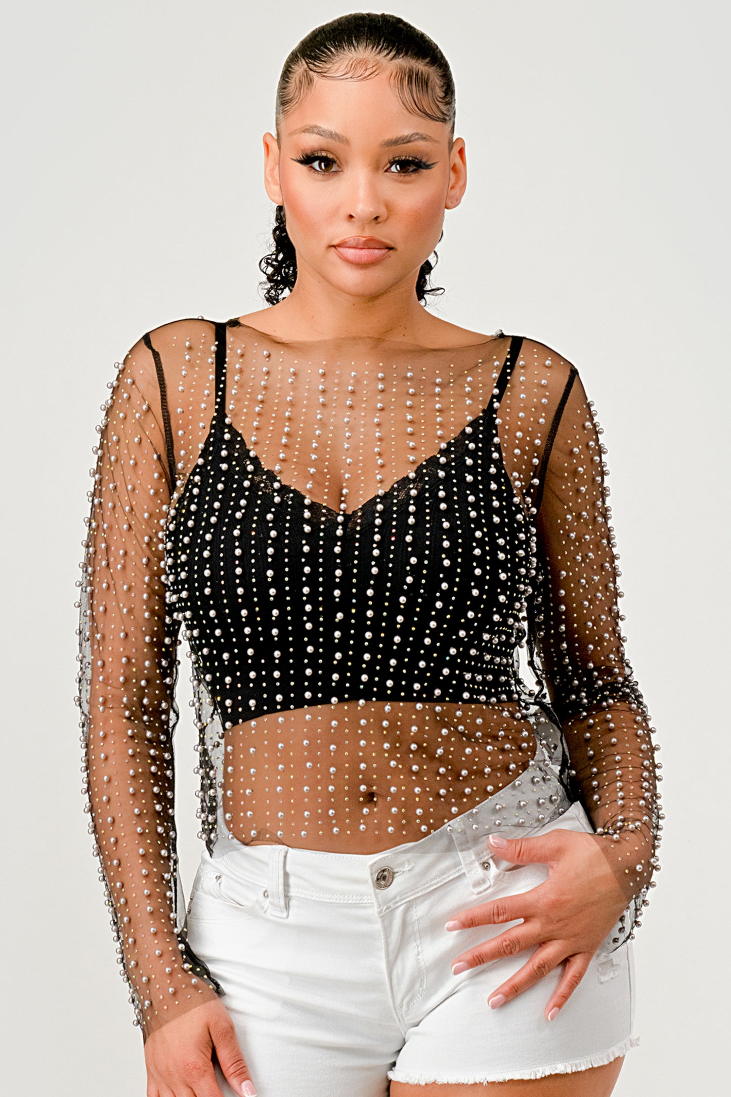 RHINESTONES PEARL SHEER MESH LONG SLEEVE TOP