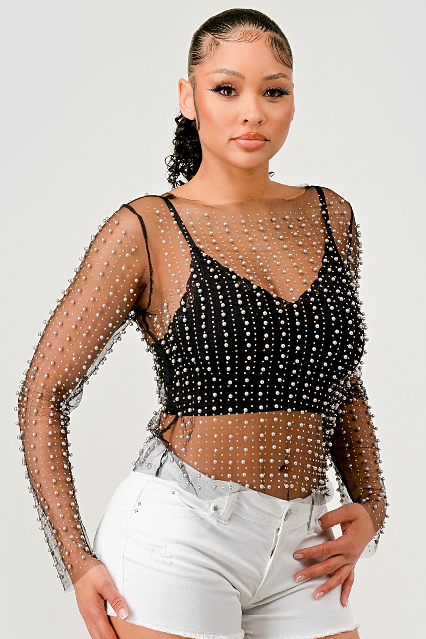 RHINESTONES PEARL SHEER MESH LONG SLEEVE TOP